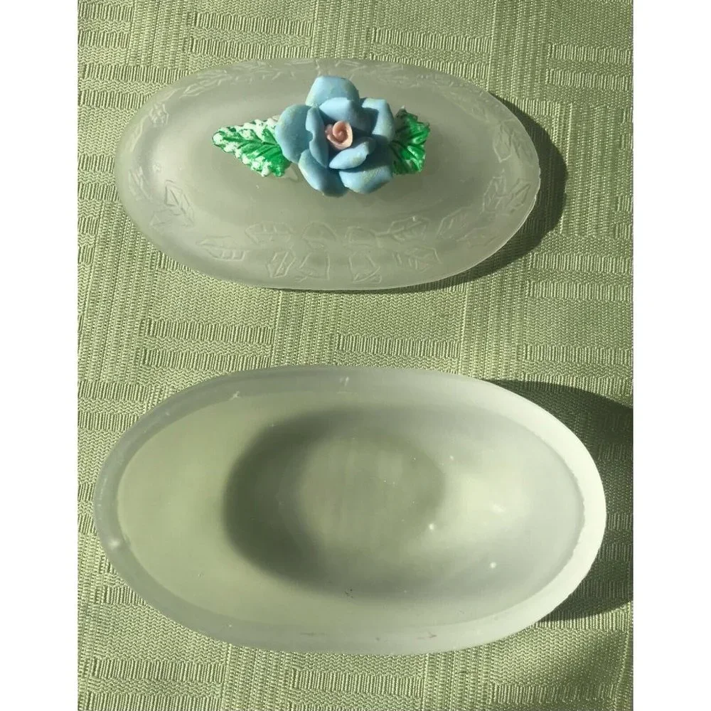 Vintage Frosted Etched Glass Egg Trinket Box Floral Jewelry Vanity Decor